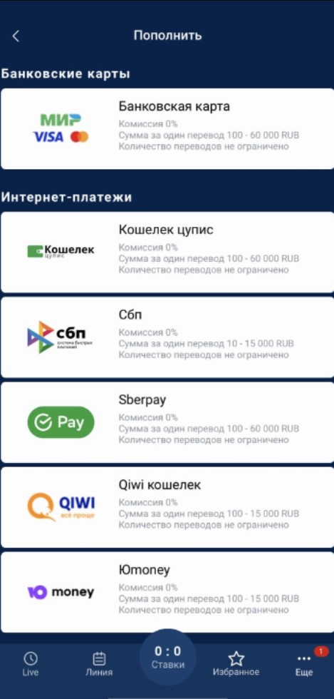 Выбор способа внесения депозита в БК Зенит