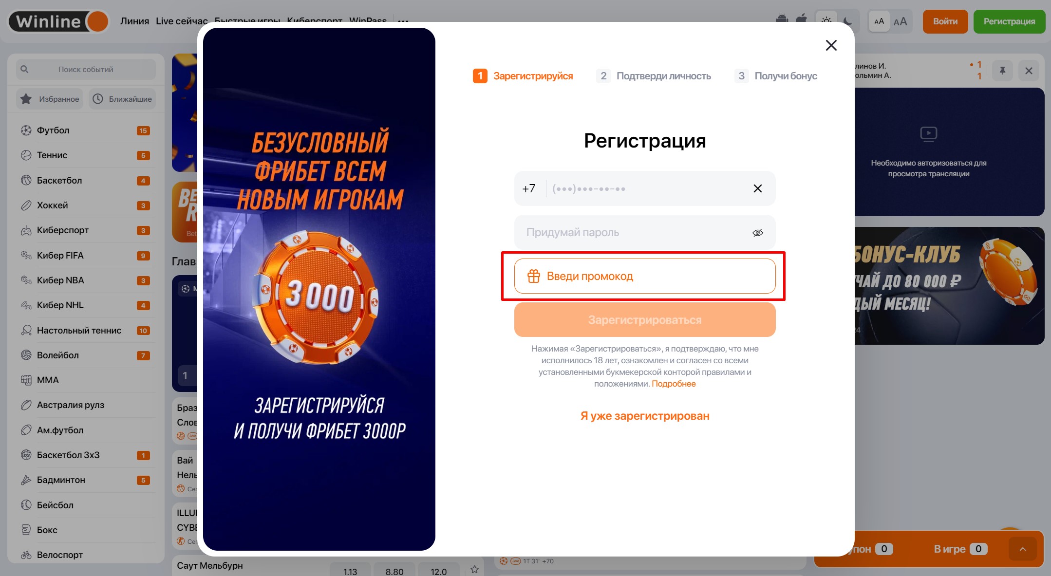 Ввод промокода в ВИнлайн